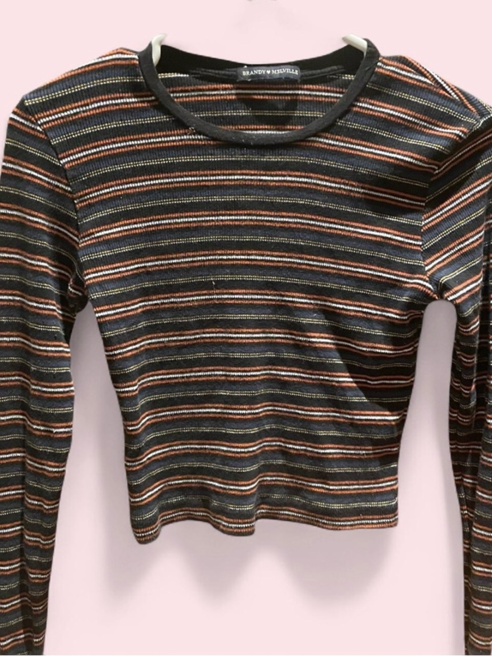 Brandy Melville Black Striped Long-Sleeve Crop Top with Multicolor Accents